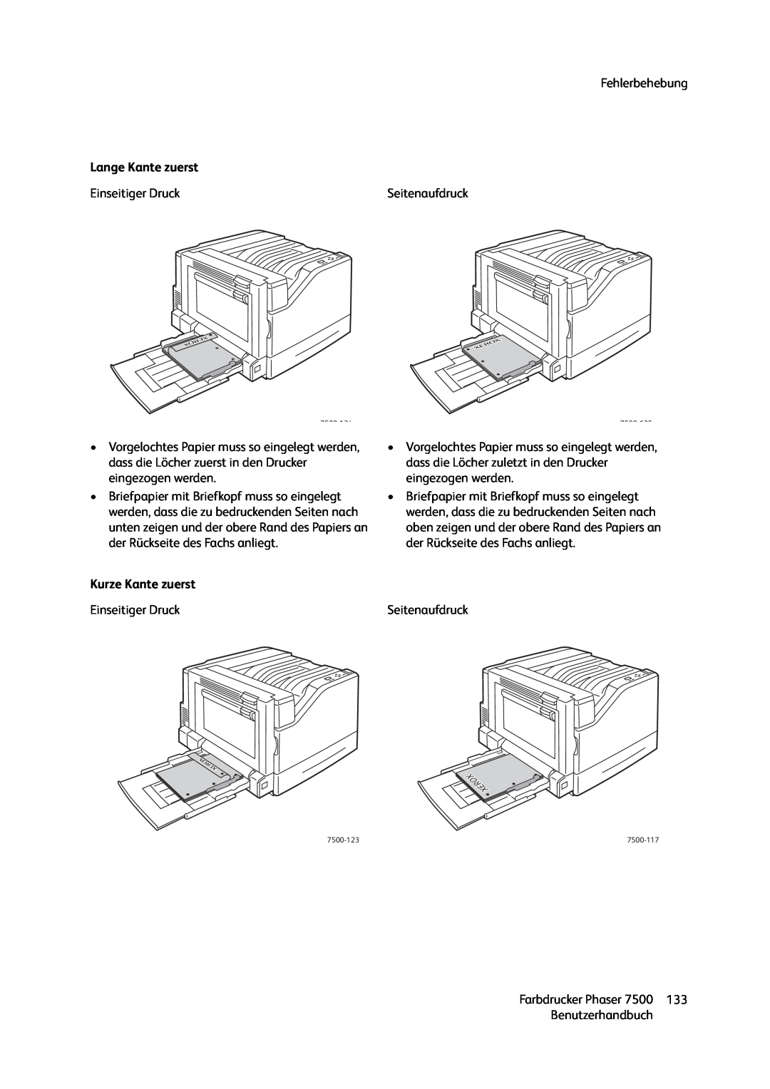 Xerox 7500 color printer manual Lange Kante zuerst, Kurze Kante zuerst 