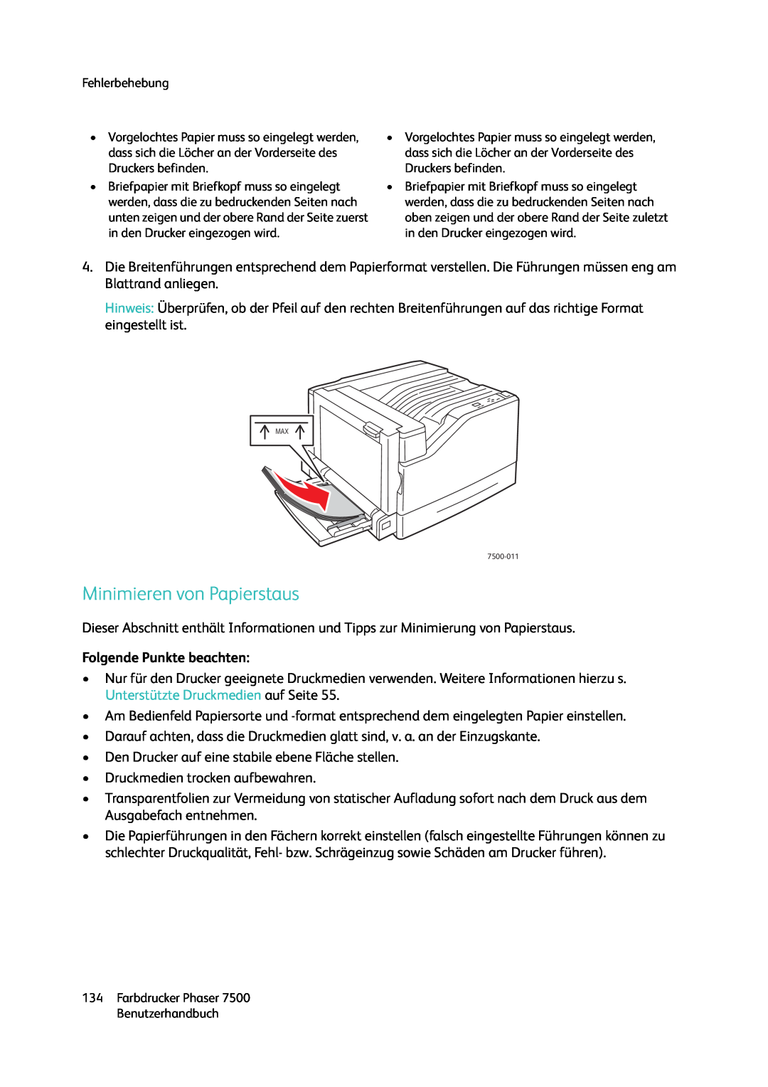 Xerox 7500 color printer manual Minimieren von Papierstaus, Folgende Punkte beachten 