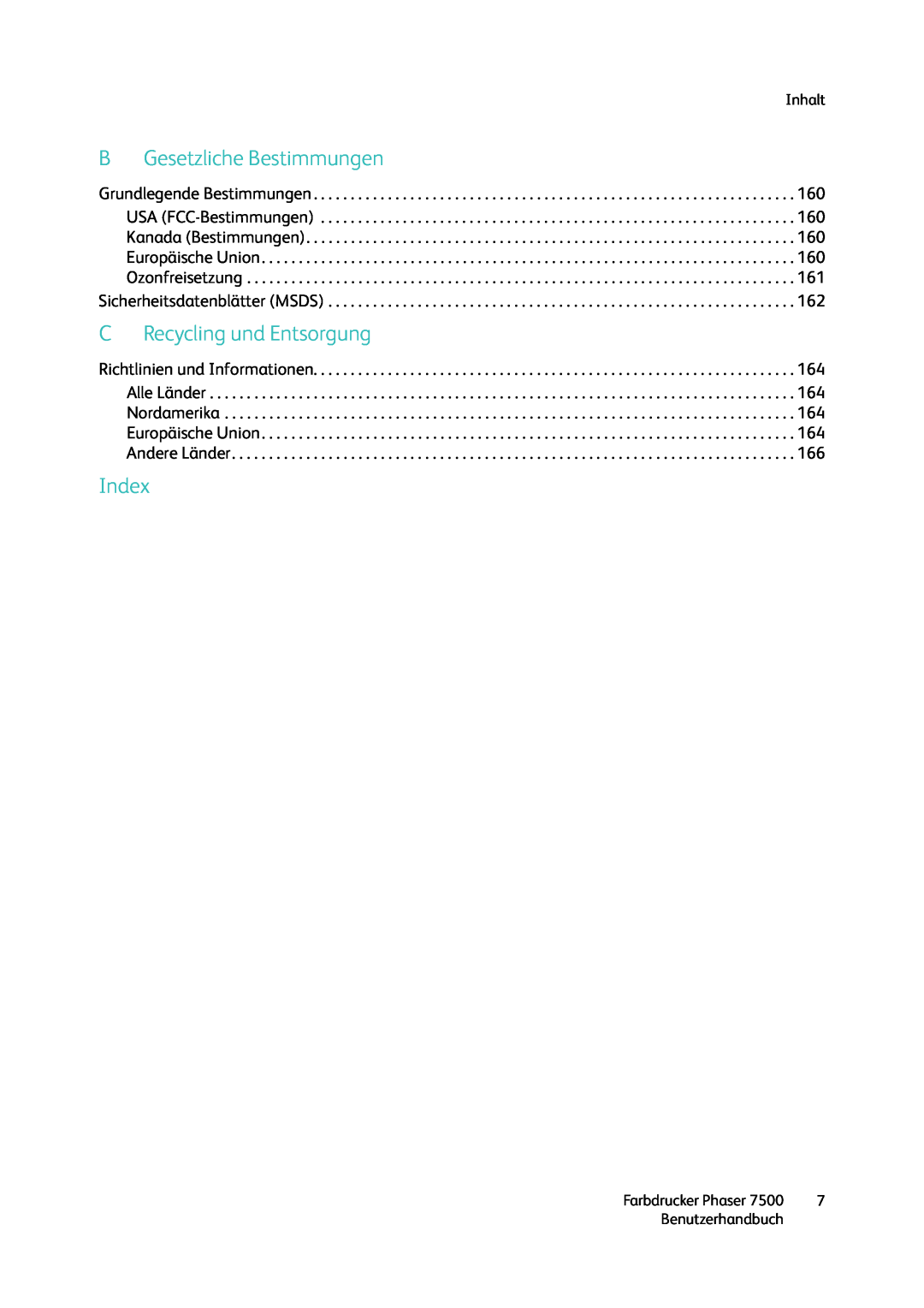 Xerox 7500 color printer manual BGesetzliche Bestimmungen, CRecycling und Entsorgung, Index, Inhalt, Benutzerhandbuch 