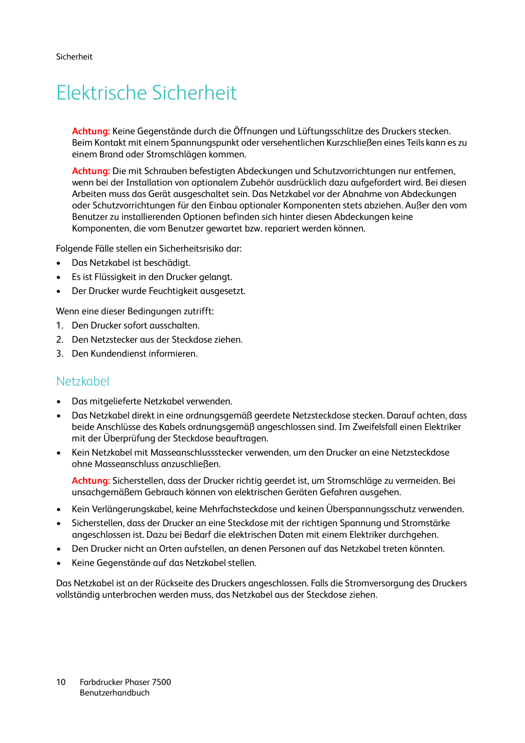 Xerox 7500 color printer manual Elektrische Sicherheit, Netzkabel 