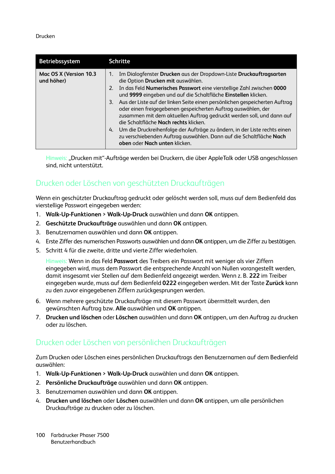 Xerox 7500 color printer manual Drucken oder Löschen von geschützten Druckaufträgen 