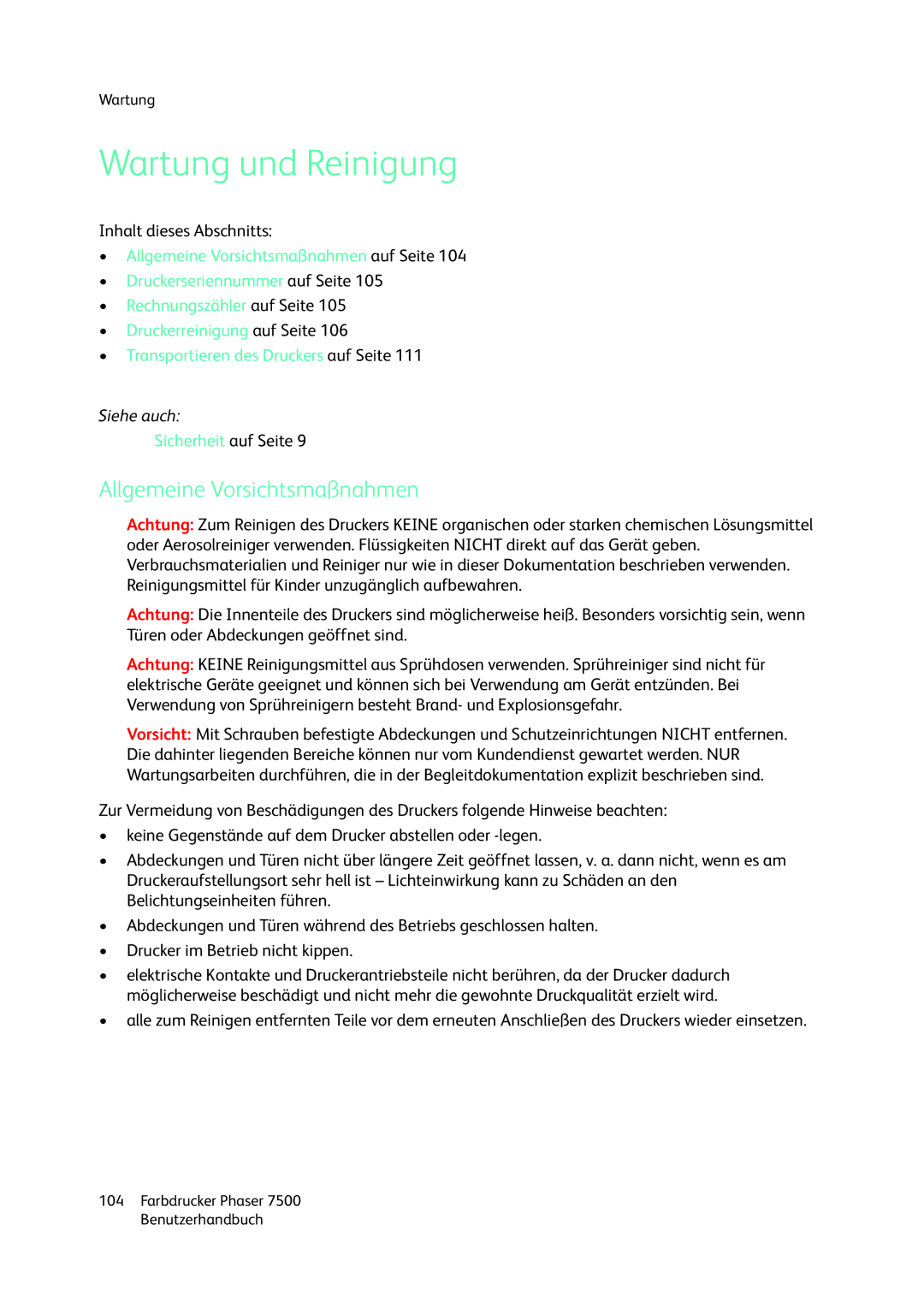 Xerox 7500 color printer manual Wartung und Reinigung, Allgemeine Vorsichtsmaßnahmen 