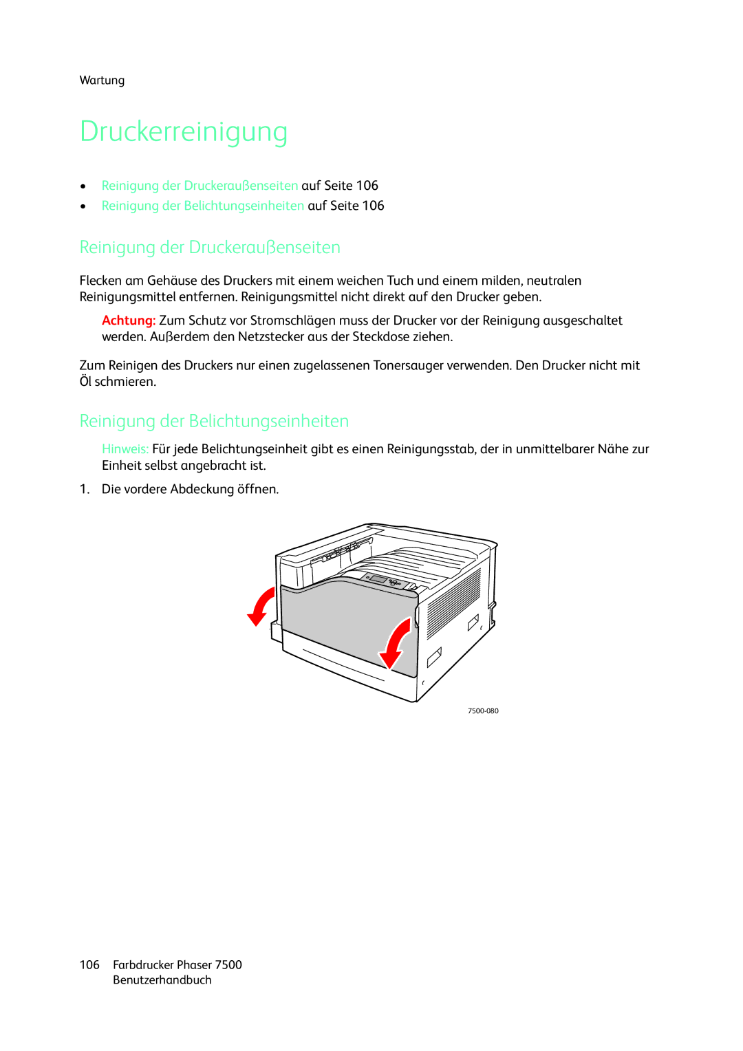 Xerox 7500 color printer manual Druckerreinigung, Reinigung der Druckeraußenseiten, Reinigung der Belichtungseinheiten 