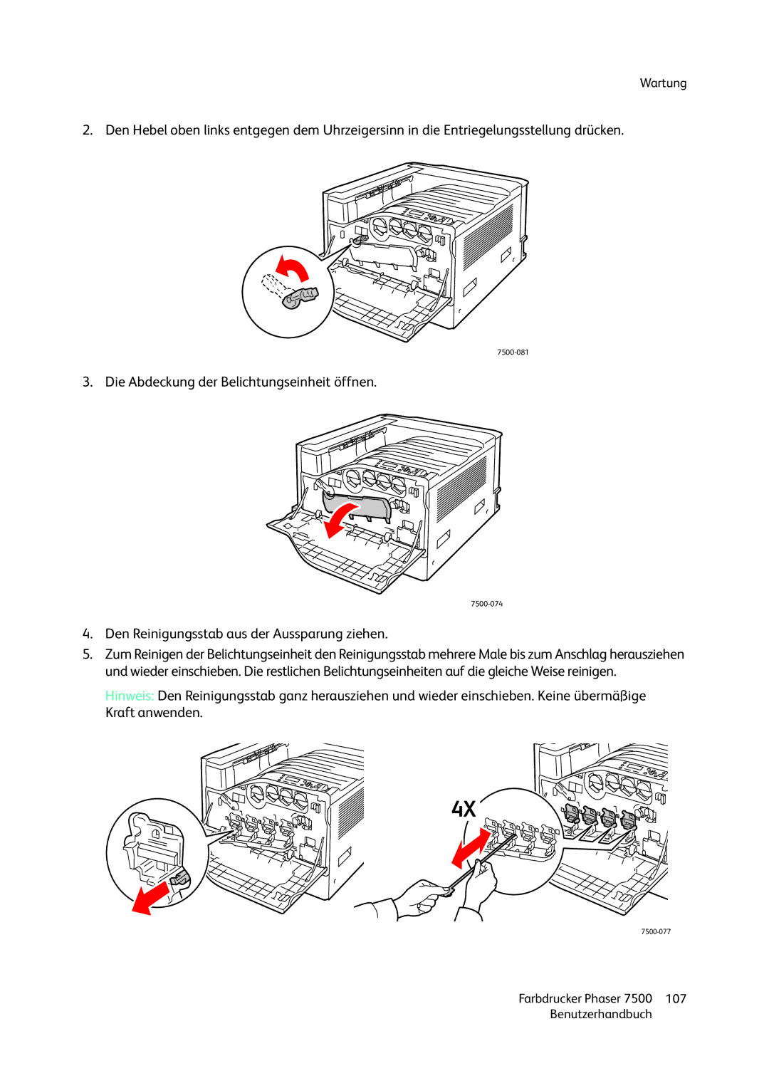 Xerox 7500 color printer manual Die Abdeckung der Belichtungseinheit öffnen 