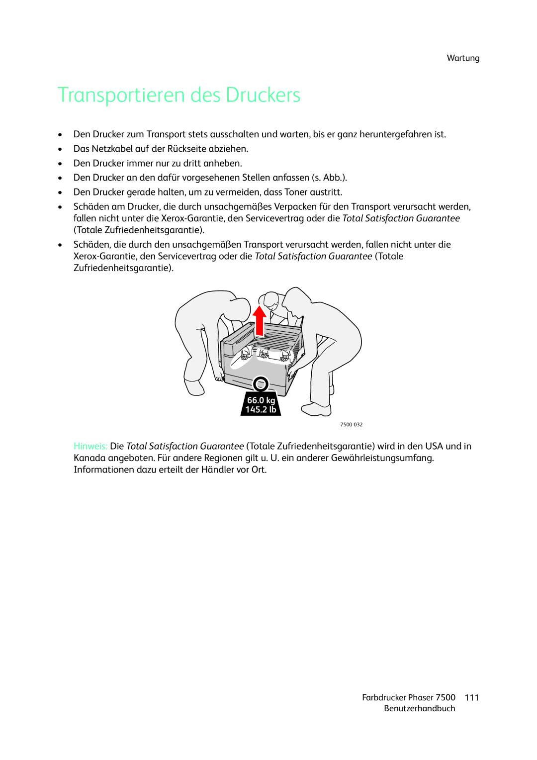 Xerox 7500 color printer manual Transportieren des Druckers 