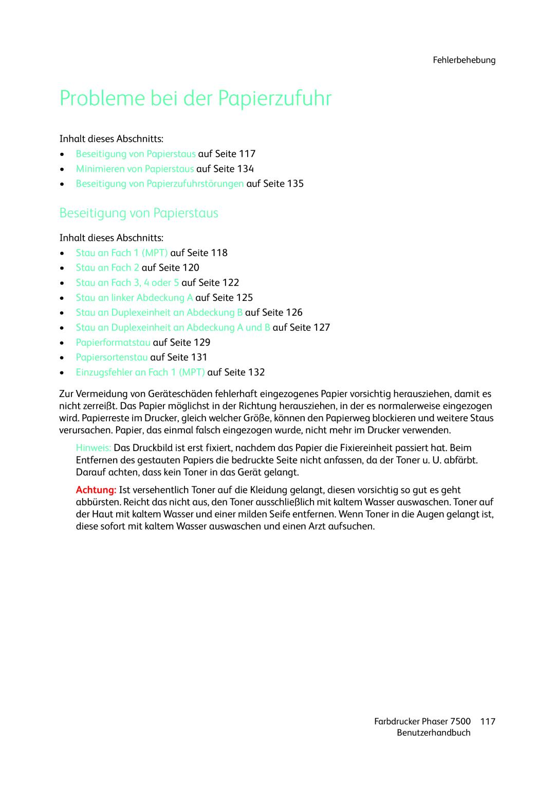 Xerox 7500 color printer manual Probleme bei der Papierzufuhr, Beseitigung von Papierstaus 