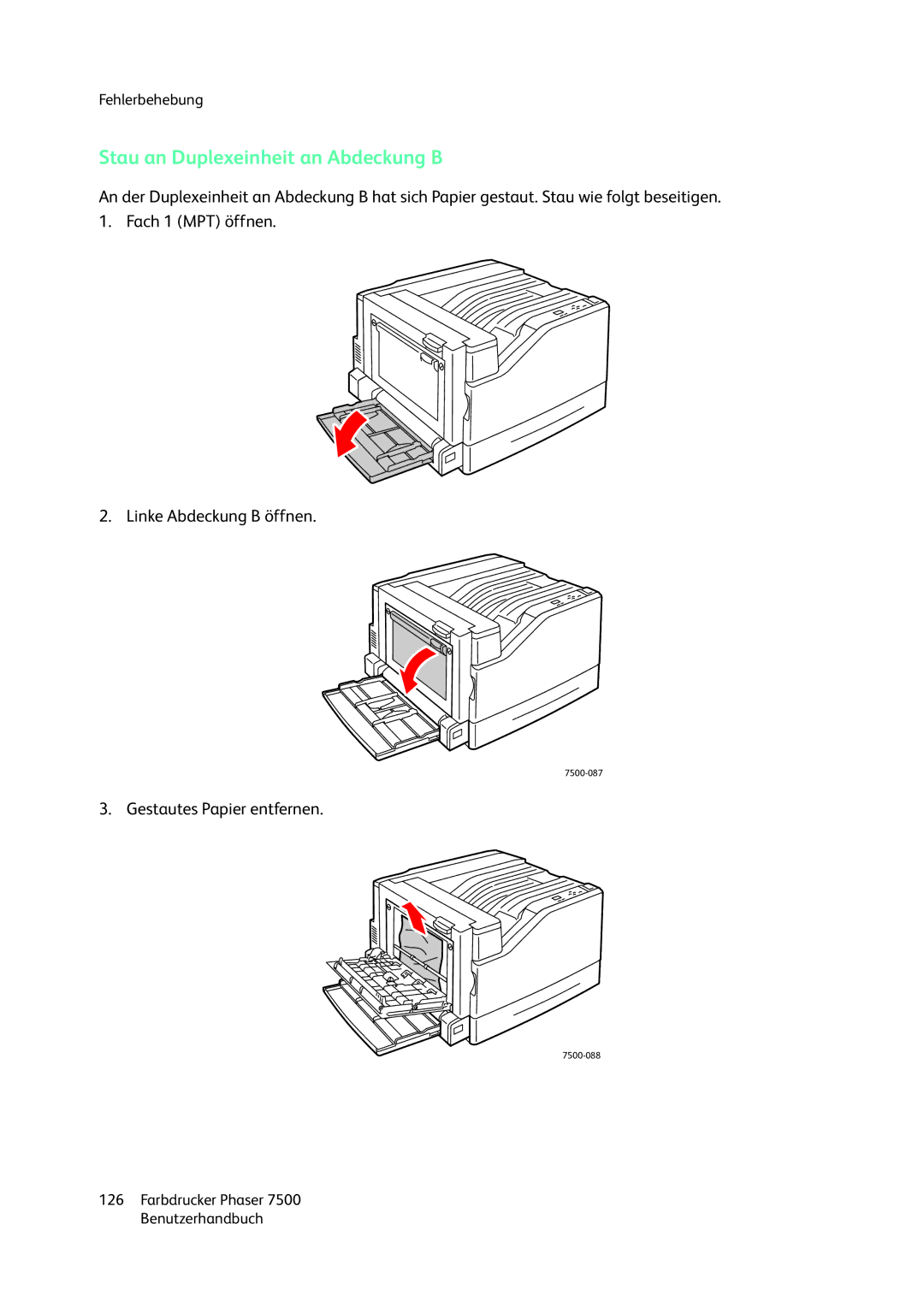 Xerox 7500 color printer manual Stau an Duplexeinheit an Abdeckung B 