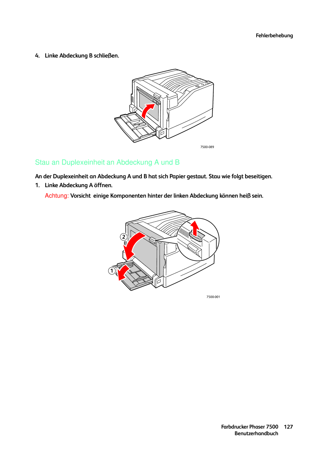 Xerox 7500 color printer manual Stau an Duplexeinheit an Abdeckung a und B 