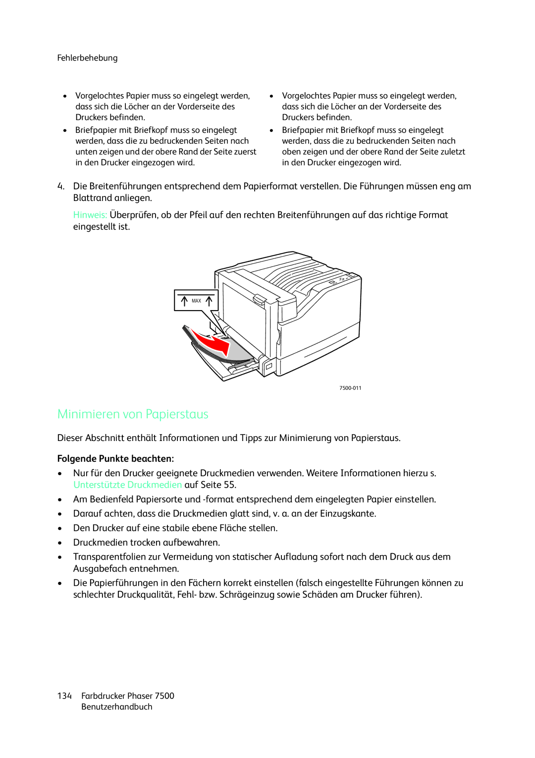 Xerox 7500 color printer manual Minimieren von Papierstaus, Folgende Punkte beachten 