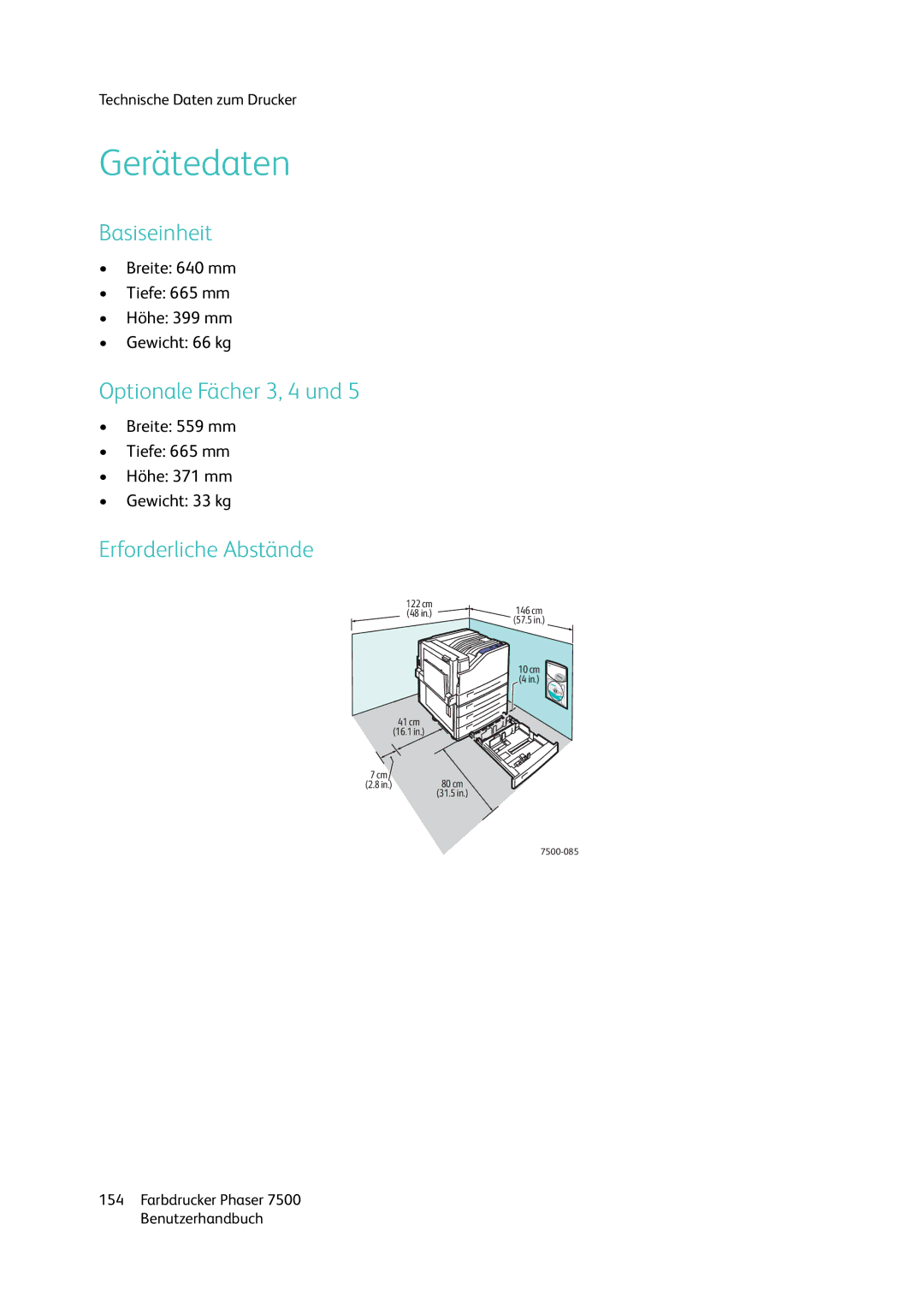 Xerox 7500 color printer manual Gerätedaten, Basiseinheit, Optionale Fächer 3, 4 und, Erforderliche Abstände 