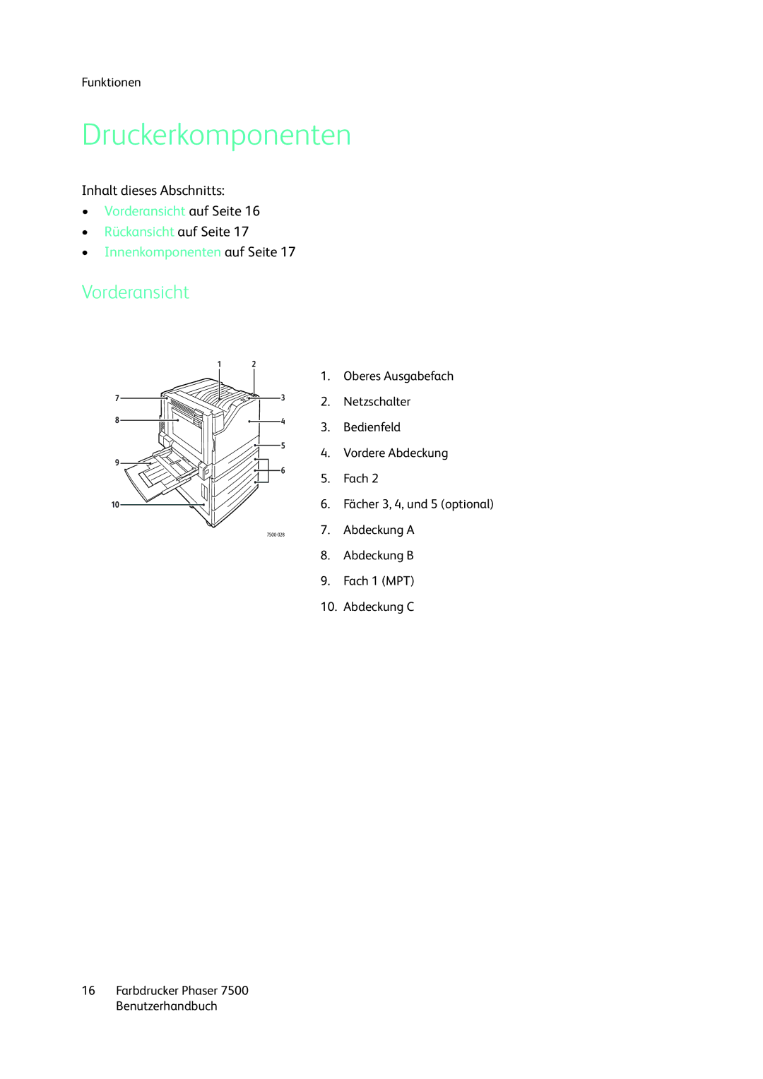 Xerox 7500 color printer manual Druckerkomponenten, Vorderansicht 