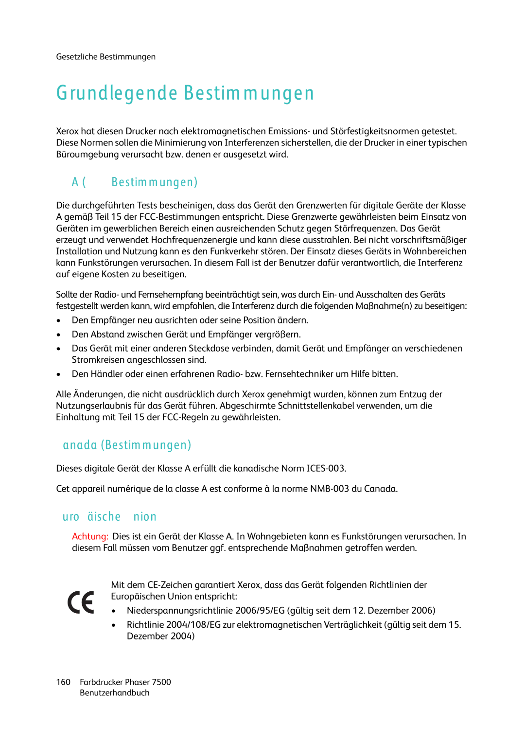 Xerox 7500 color printer manual Grundlegende Bestimmungen, USA FCC-Bestimmungen, Kanada Bestimmungen, Europäische Union 