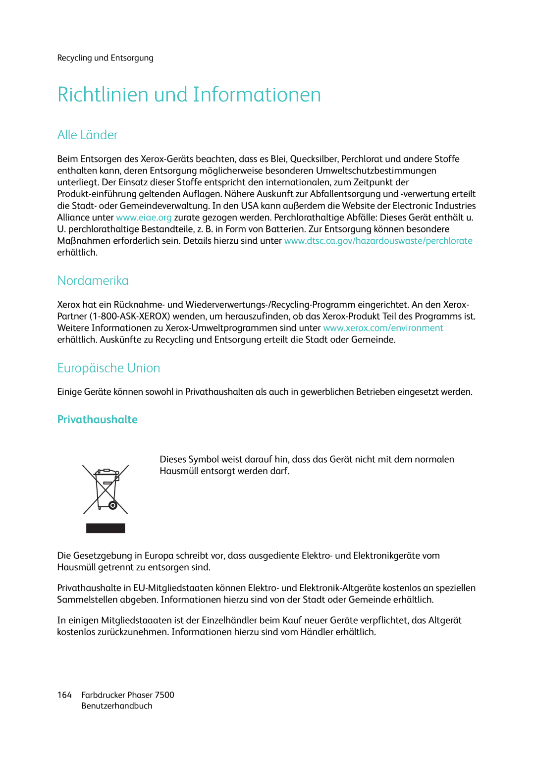 Xerox 7500 color printer manual Richtlinien und Informationen, Alle Länder Nordamerika Europäische Union, Privathaushalte 