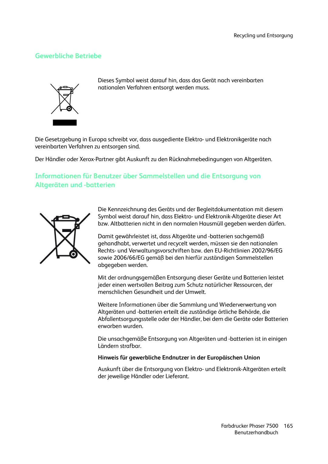 Xerox 7500 color printer manual Gewerbliche Betriebe, Hinweis für gewerbliche Endnutzer in der Europäischen Union 