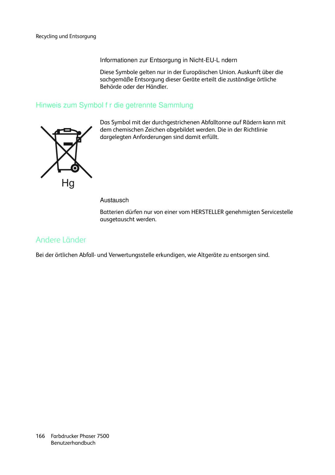 Xerox 7500 color printer manual Andere Länder, Hinweis zum Symbol für die getrennte Sammlung, Austausch 