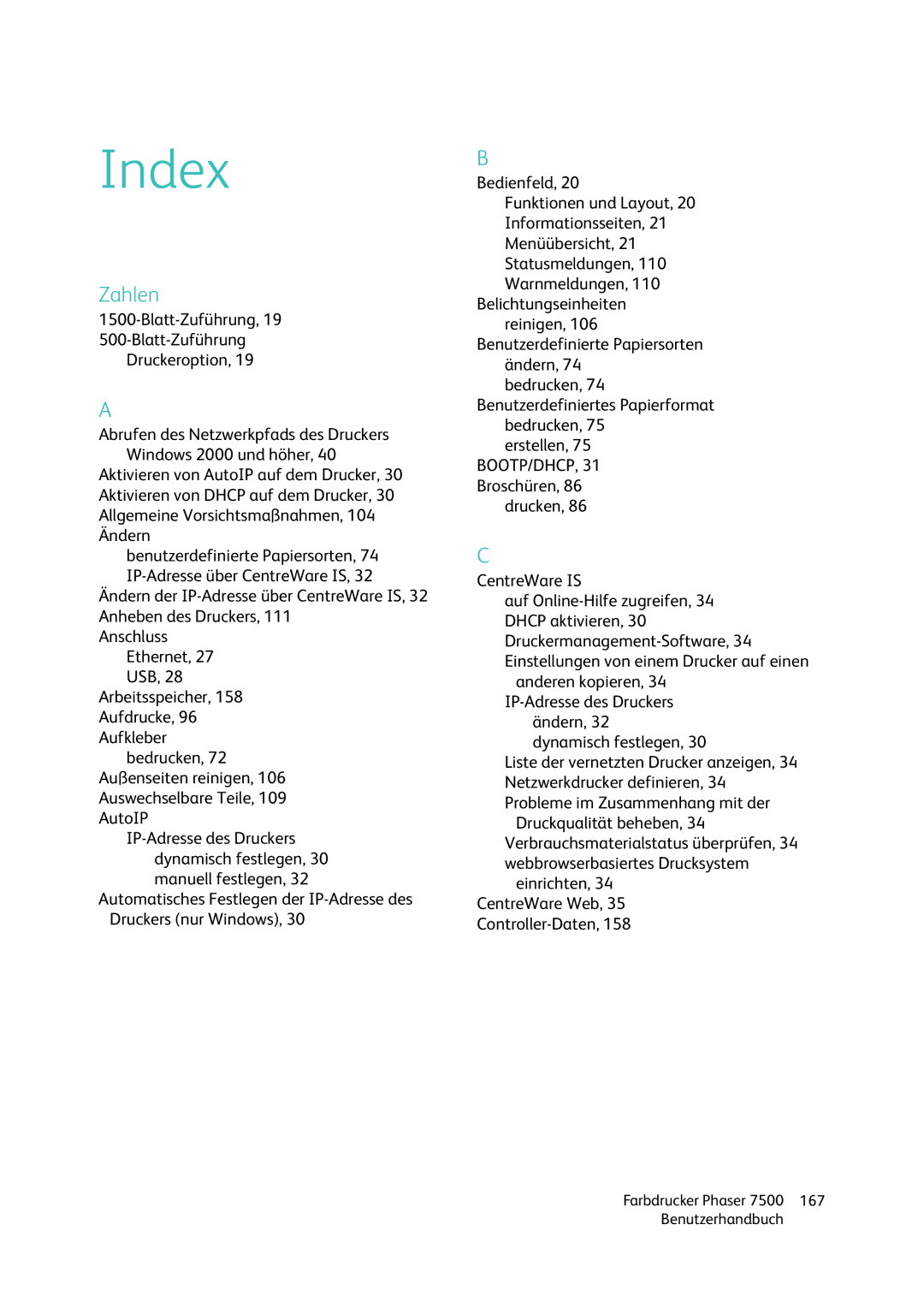 Xerox 7500 color printer manual Index 