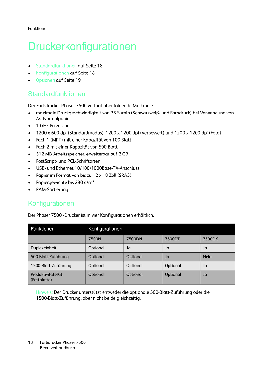 Xerox 7500 color printer manual Druckerkonfigurationen, Standardfunktionen, Konfigurationen 