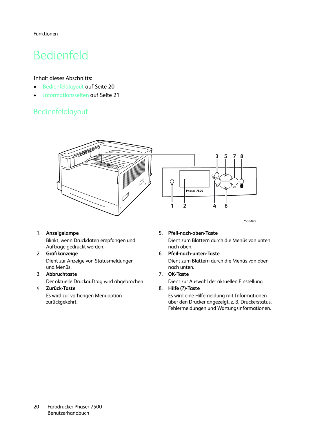 Xerox 7500 color printer manual Bedienfeldlayout 