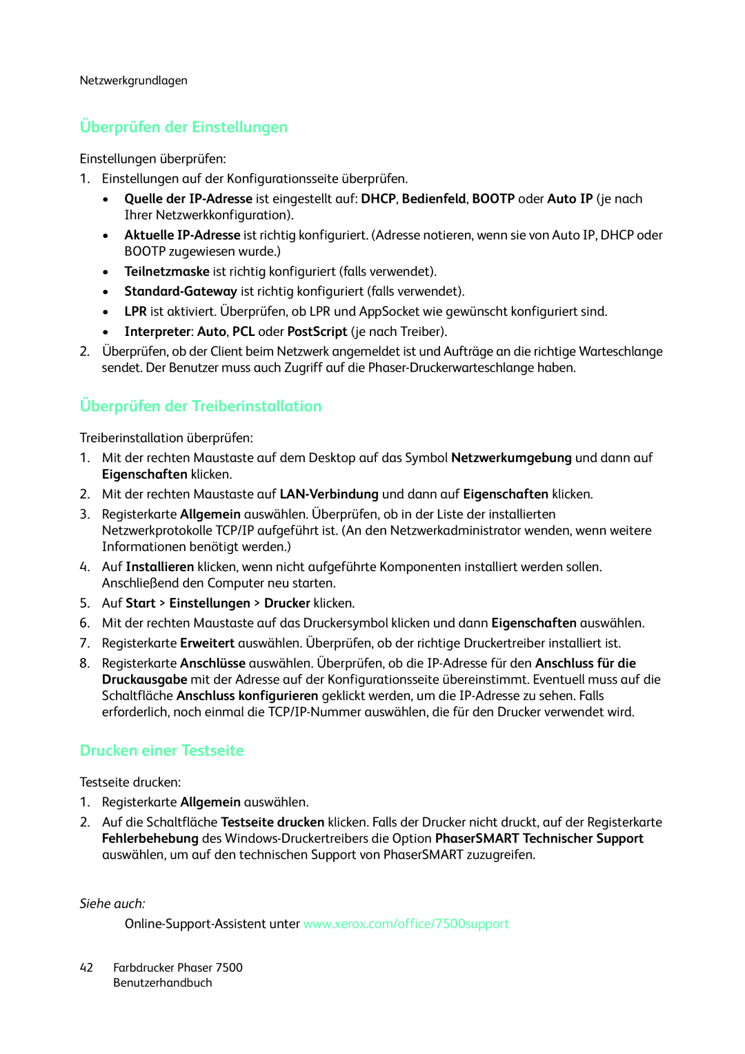 Xerox 7500 color printer manual Überprüfen der Einstellungen, Überprüfen der Treiberinstallation, Drucken einer Testseite 