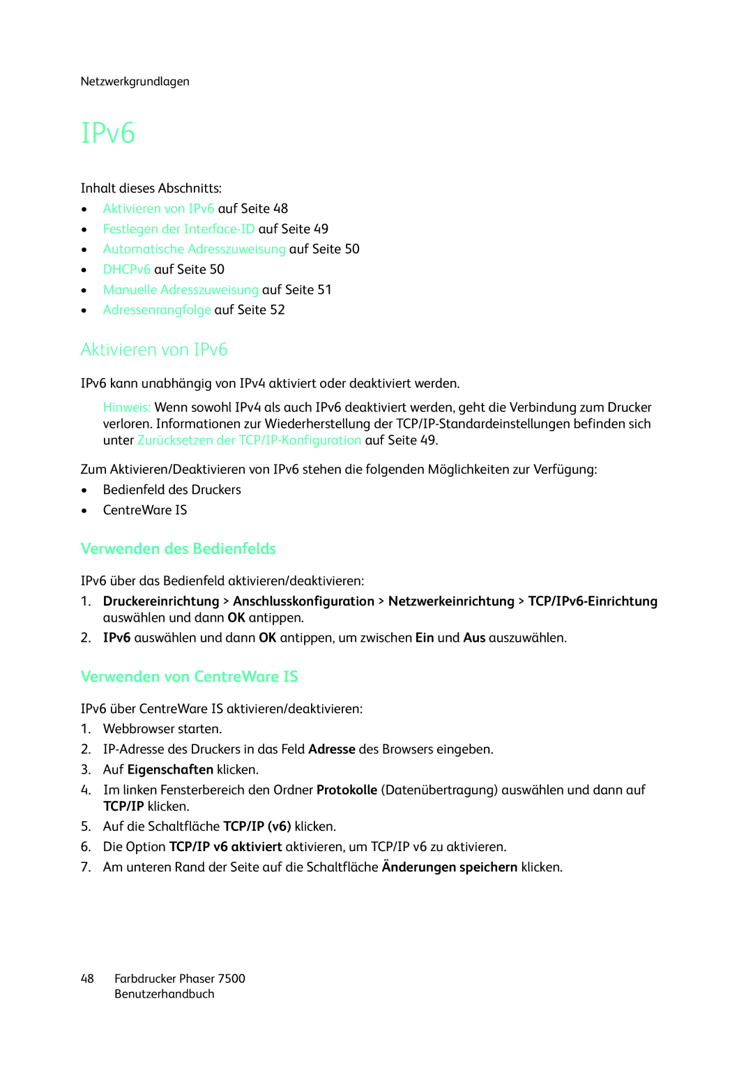 Xerox 7500 color printer manual Aktivieren von IPv6 