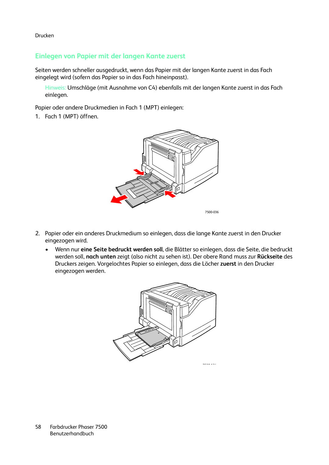 Xerox 7500 color printer manual Einlegen von Papier mit der langen Kante zuerst 