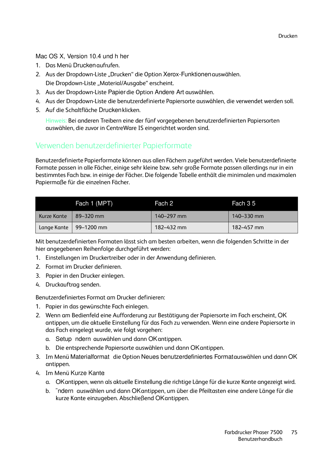 Xerox 7500 color printer manual Verwenden benutzerdefinierter Papierformate, Mac OS X, Version 10.4 und höher 