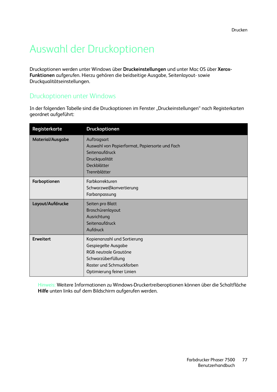 Xerox 7500 color printer manual Auswahl der Druckoptionen, Druckoptionen unter Windows 
