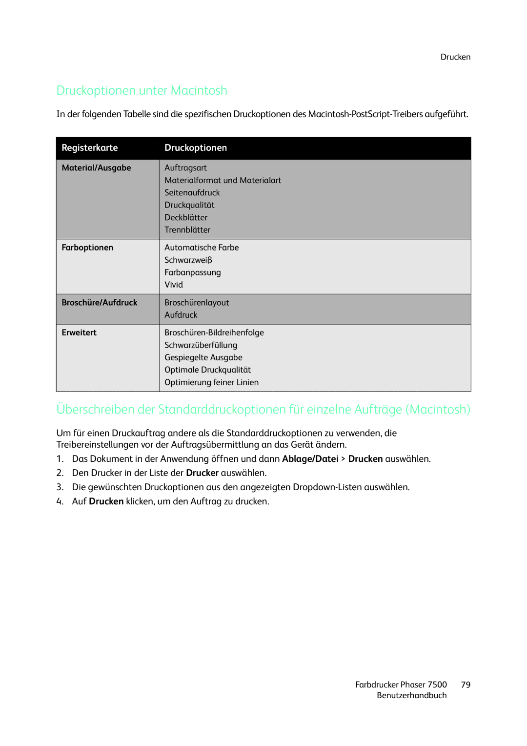 Xerox 7500 color printer manual Druckoptionen unter Macintosh 
