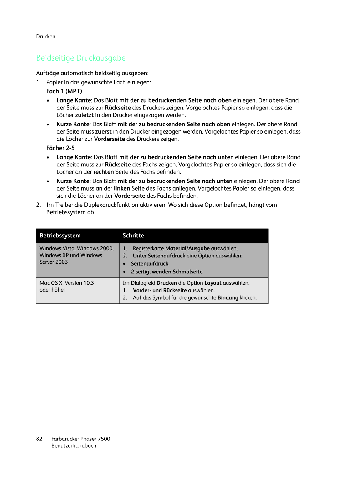 Xerox 7500 color printer manual Beidseitige Druckausgabe, Fach 1 MPT, Fächer 