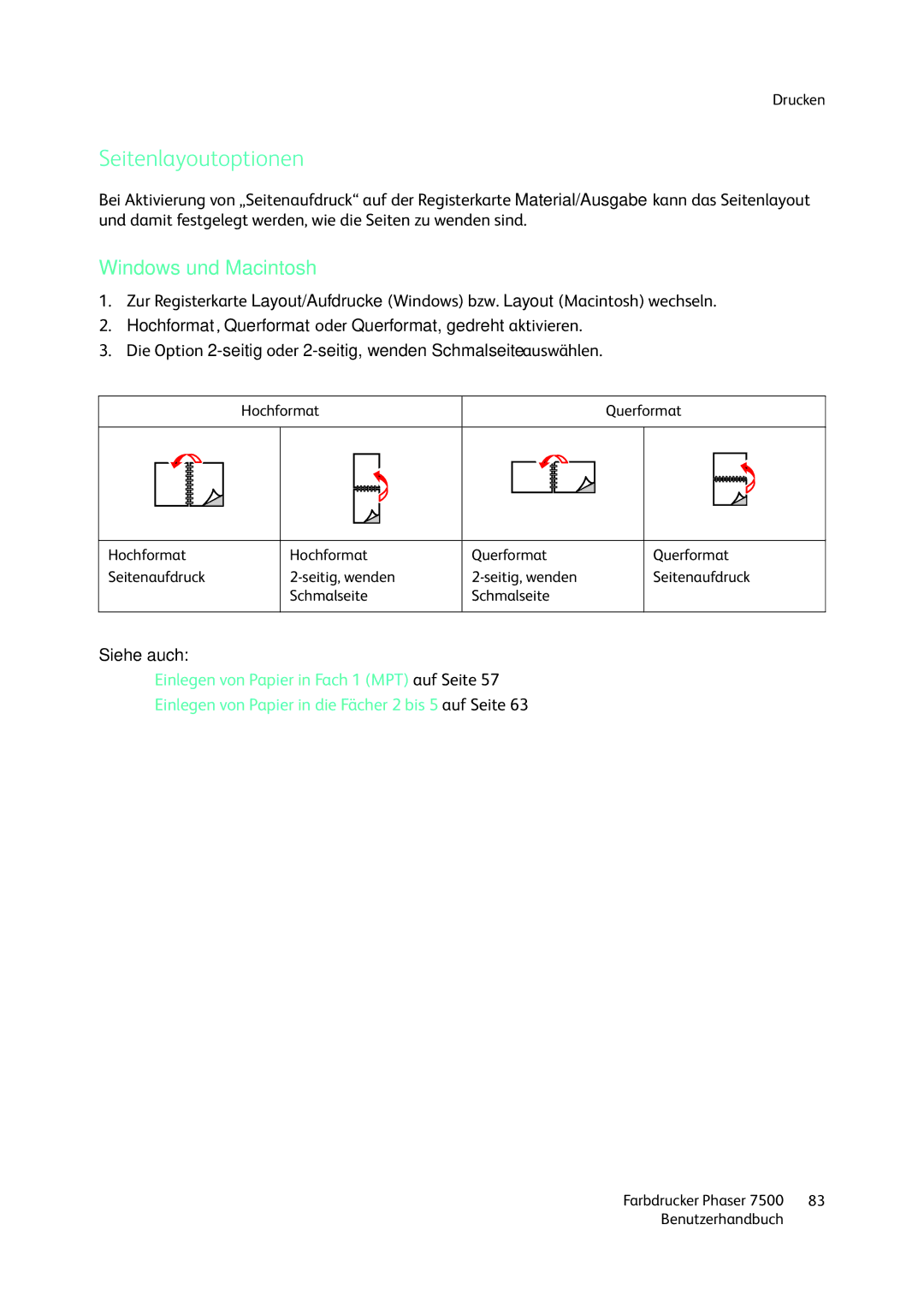 Xerox 7500 color printer manual Seitenlayoutoptionen, Windows und Macintosh 