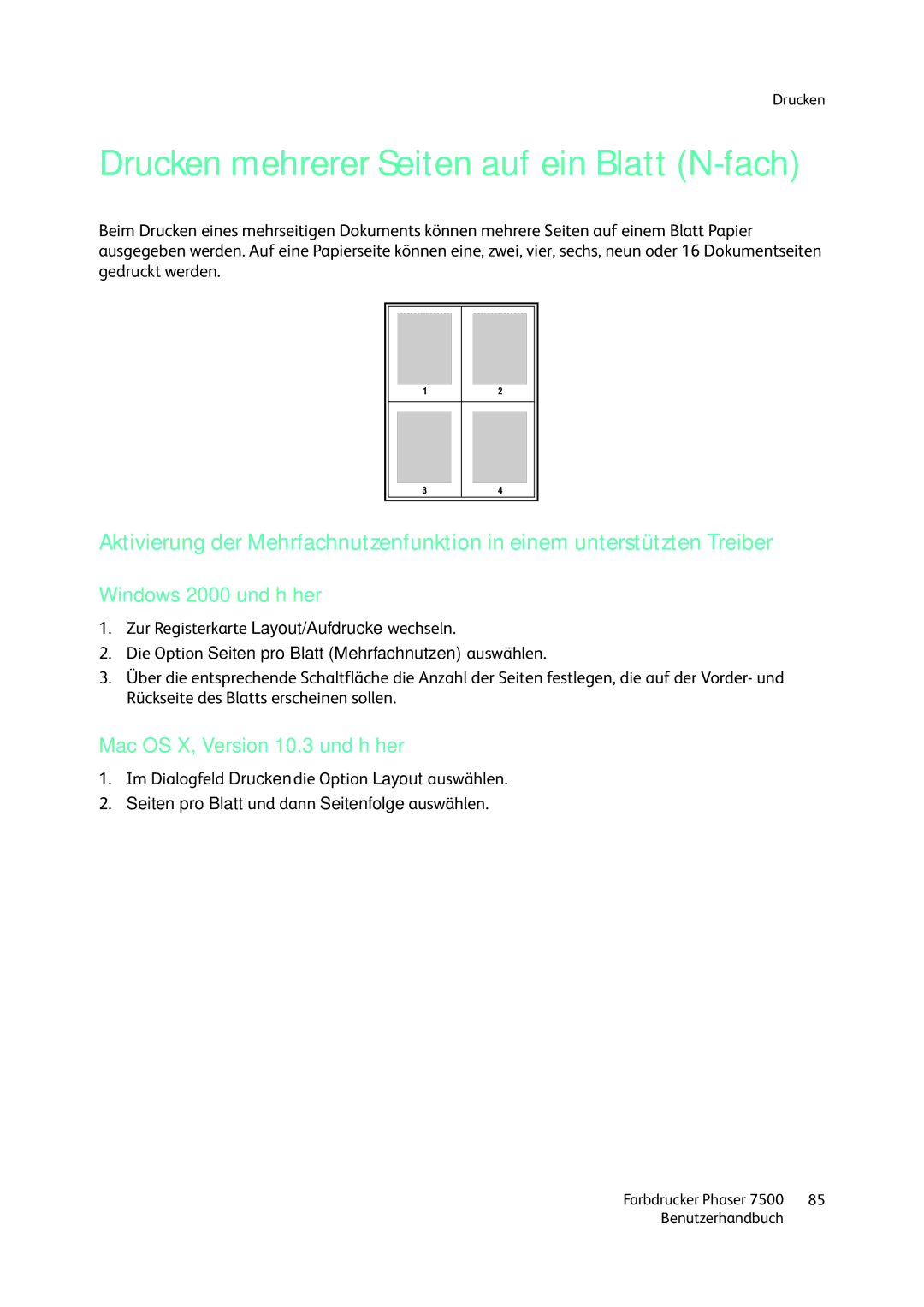 Xerox 7500 color printer manual Drucken mehrerer Seiten auf ein Blatt N-fach, Mac OS X, Version 10.3 und höher 