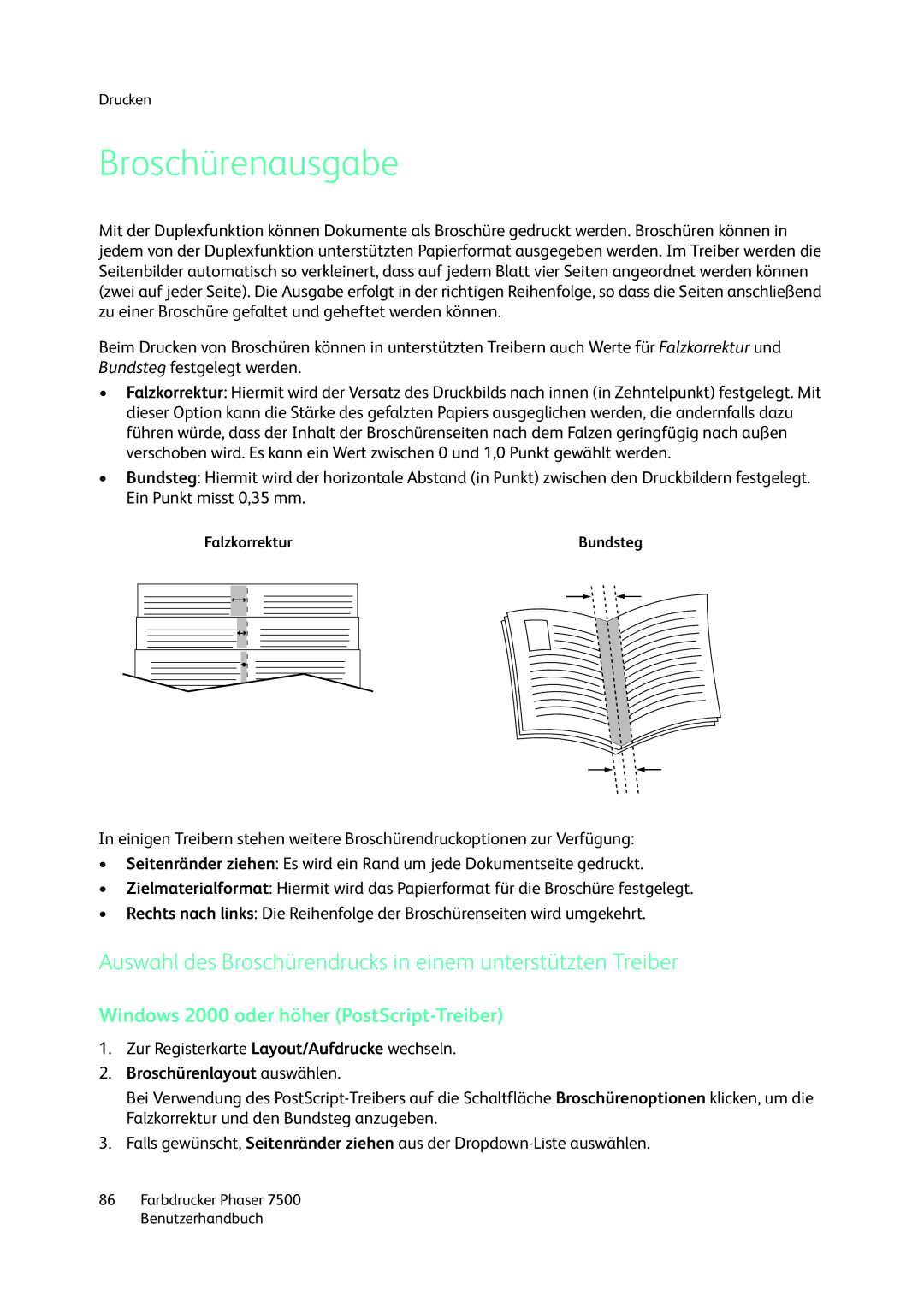 Xerox 7500 color printer manual Broschürenausgabe, Auswahl des Broschürendrucks in einem unterstützten Treiber 