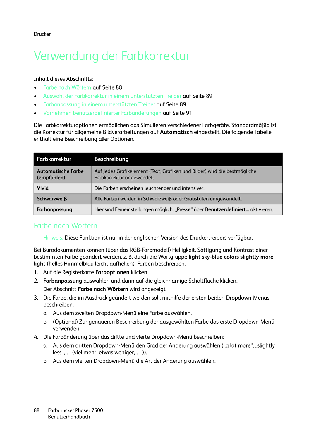 Xerox 7500 color printer manual Verwendung der Farbkorrektur, Farbe nach Wörtern 