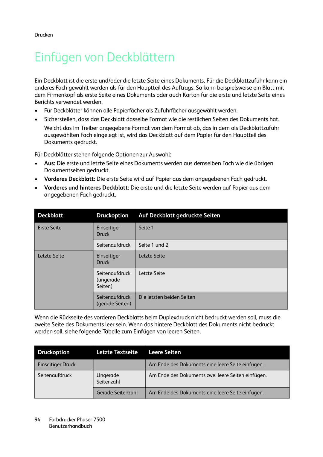 Xerox 7500 color printer manual Einfügen von Deckblättern, Deckblatt Druckoption Auf Deckblatt gedruckte Seiten 