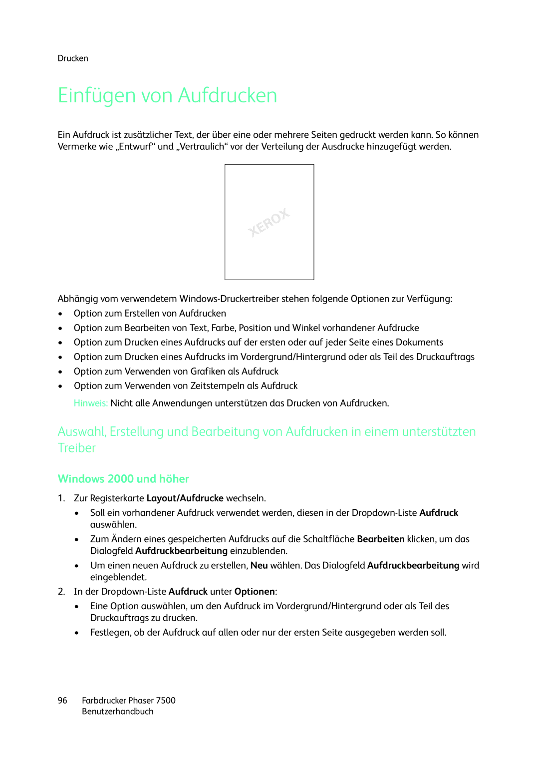 Xerox 7500 color printer manual Einfügen von Aufdrucken 