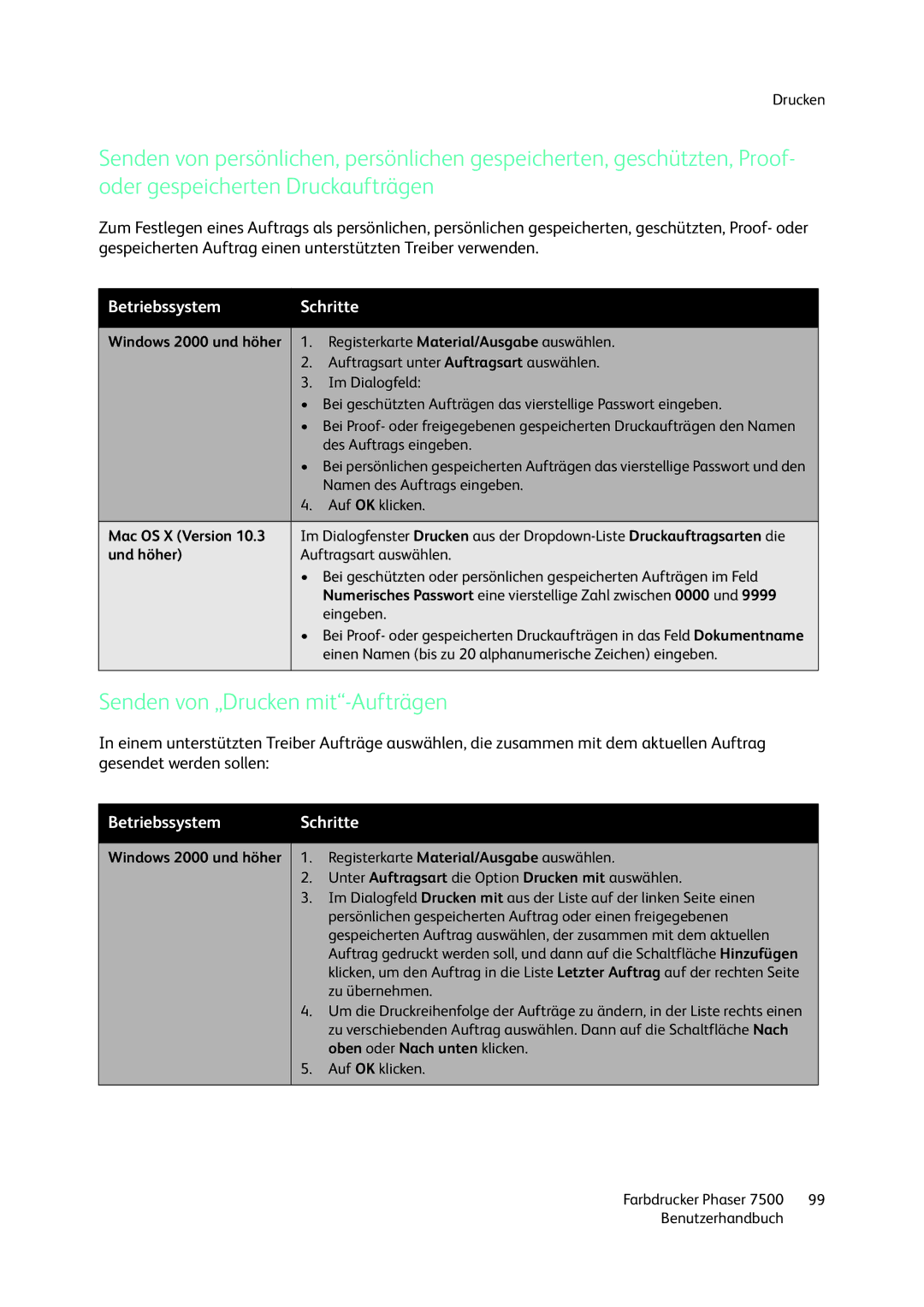 Xerox 7500 color printer manual Senden von „Drucken mit-Aufträgen 