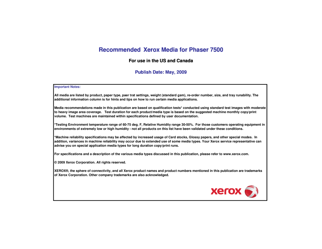 Xerox 7500 specifications Recommended Xerox Media for Phaser, For use in the US and Canada, Publish Date May 