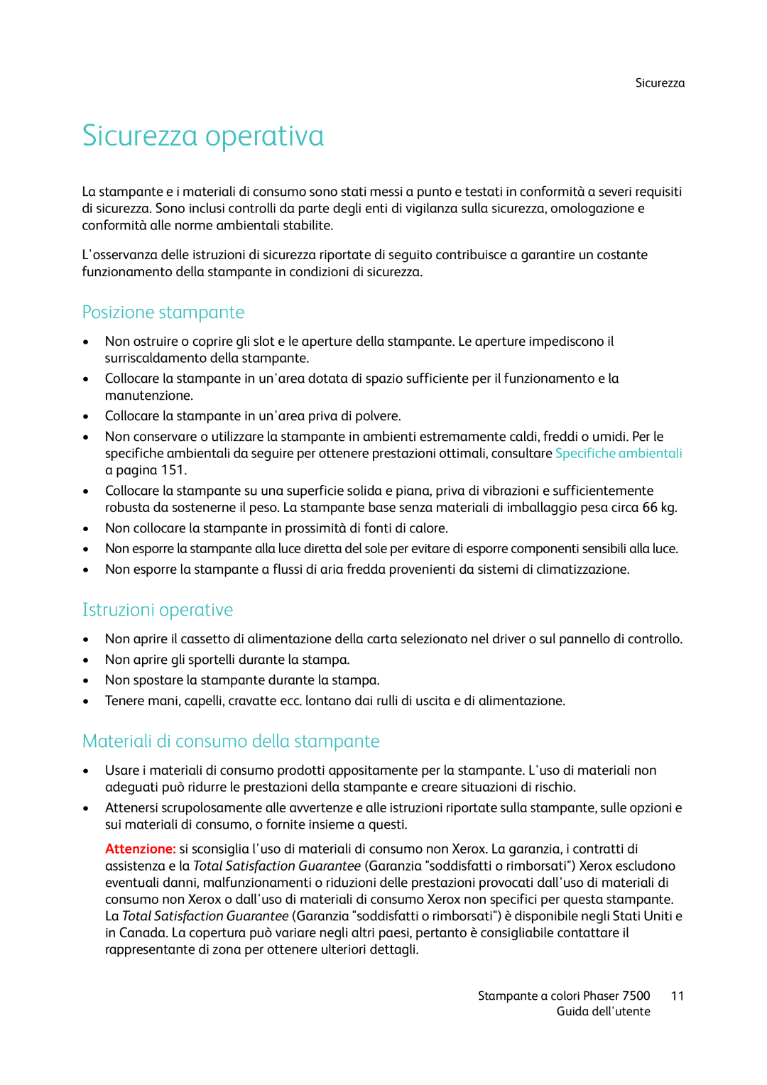 Xerox 7500 manual Sicurezza operativa, Posizione stampante, Istruzioni operative, Materiali di consumo della stampante 