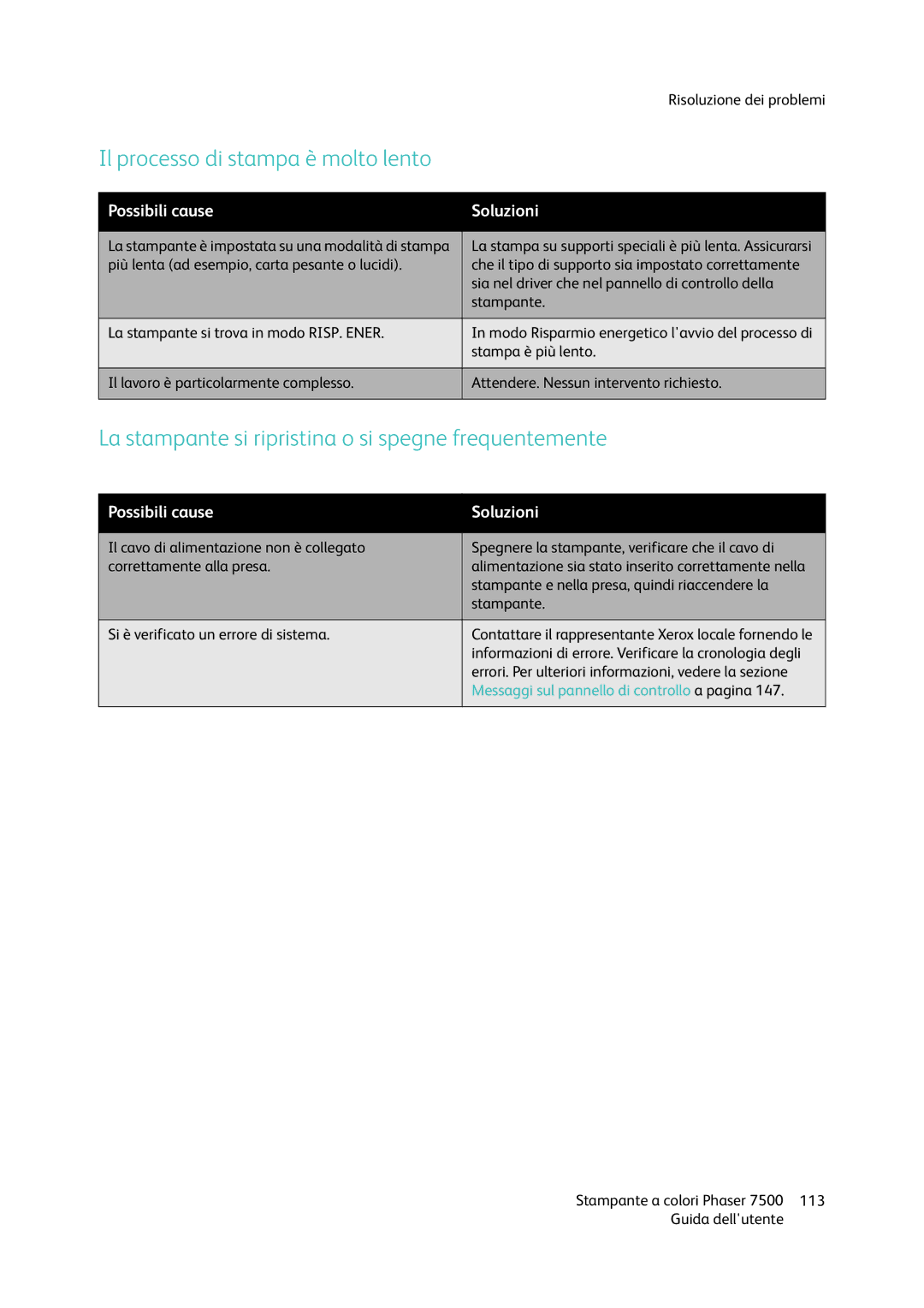 Xerox 7500 manual Il processo di stampa è molto lento, La stampante si ripristina o si spegne frequentemente 