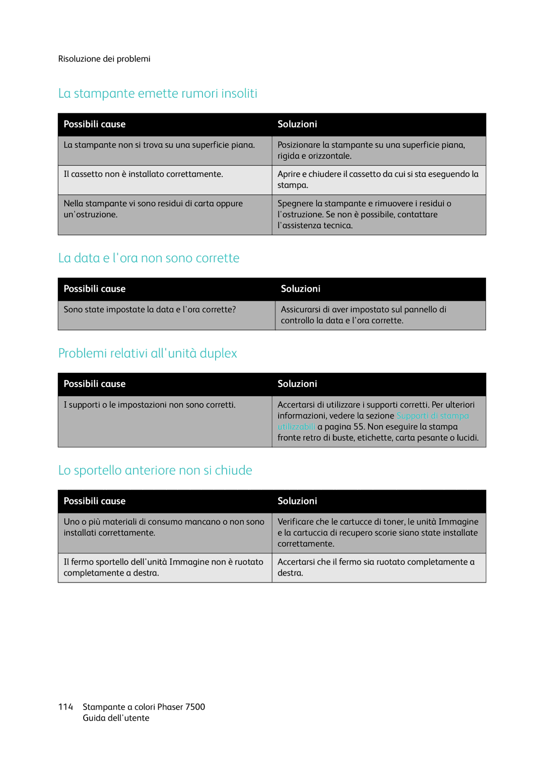 Xerox 7500 manual La stampante emette rumori insoliti, La data e lora non sono corrette, Problemi relativi allunità duplex 