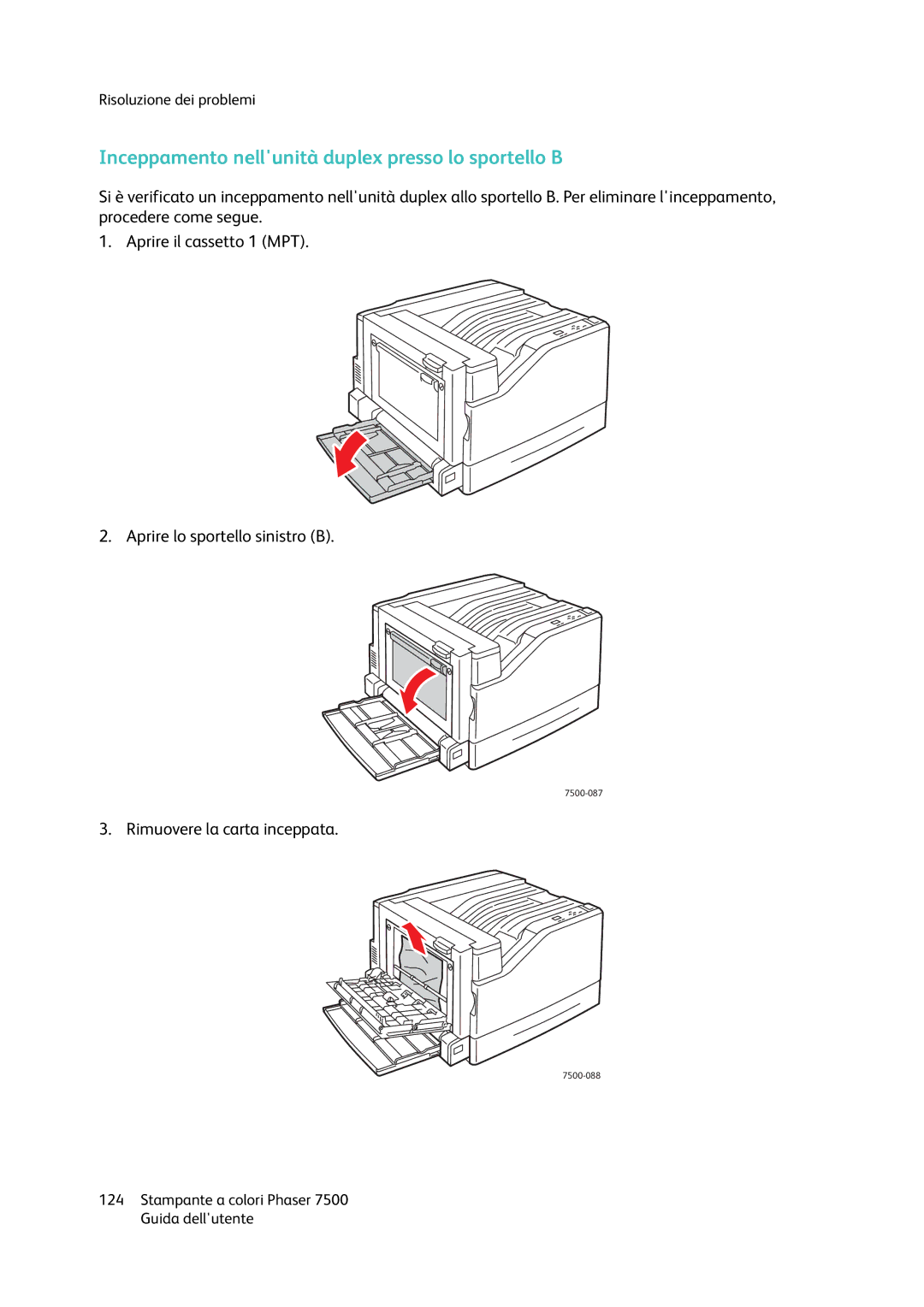 Xerox 7500 manual Inceppamento nellunità duplex presso lo sportello B 