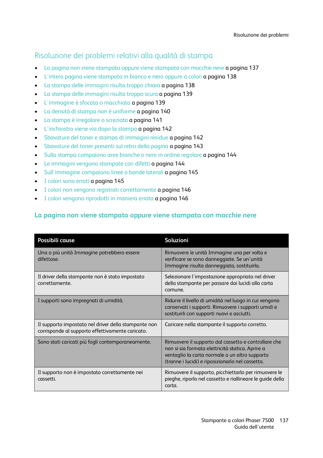 Xerox 7500 manual Risoluzione dei problemi relativi alla qualità di stampa, Possibili cause Soluzioni 
