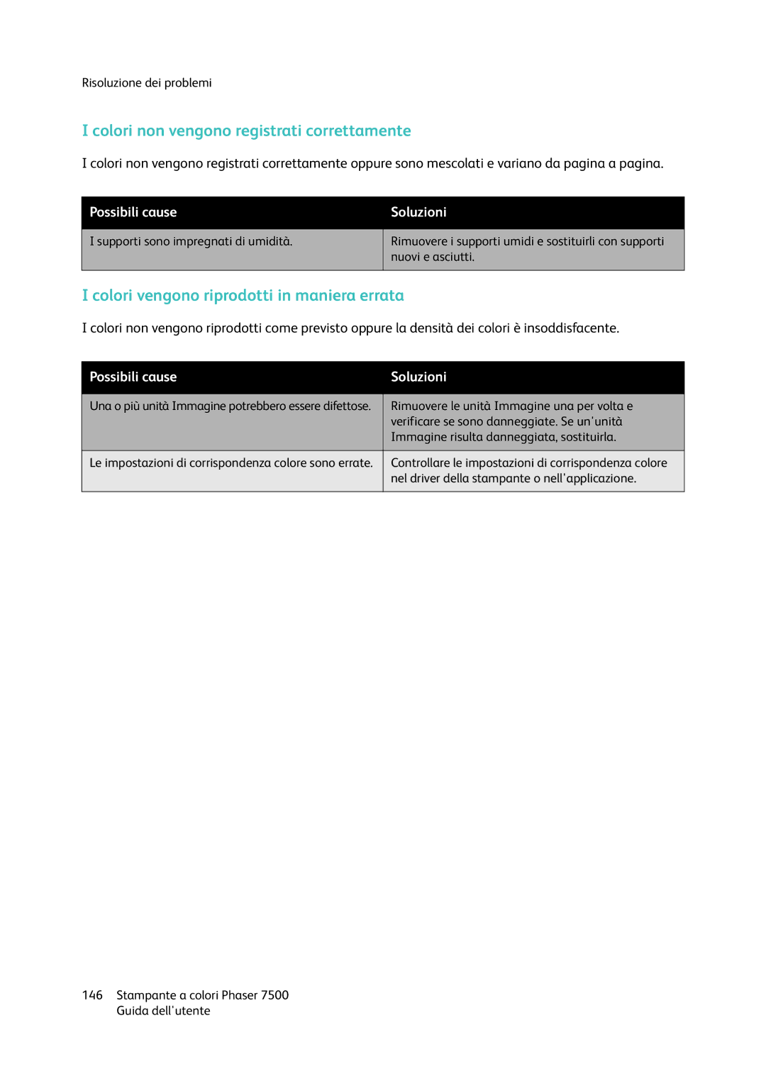 Xerox 7500 manual Colori non vengono registrati correttamente, Colori vengono riprodotti in maniera errata 