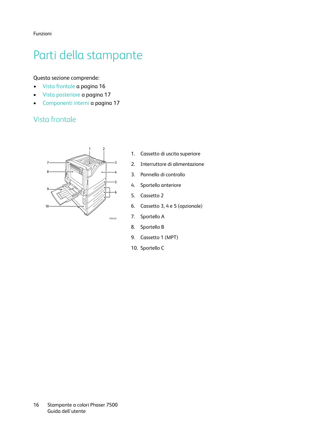 Xerox 7500 manual Parti della stampante, Vista frontale 