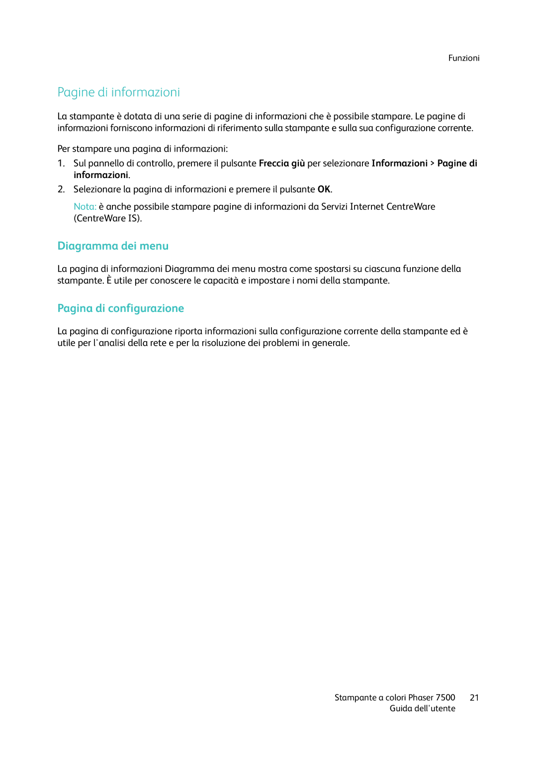 Xerox 7500 manual Pagine di informazioni, Diagramma dei menu, Pagina di configurazione 