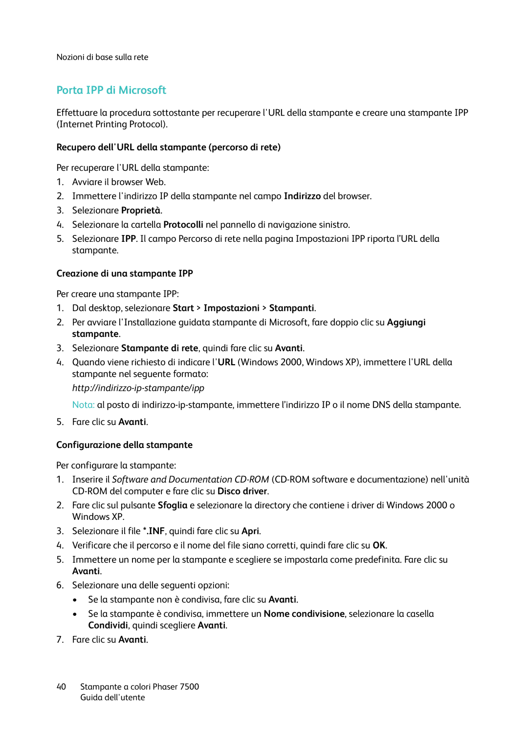 Xerox 7500 manual Porta IPP di Microsoft, Recupero dellURL della stampante percorso di rete, Creazione di una stampante IPP 