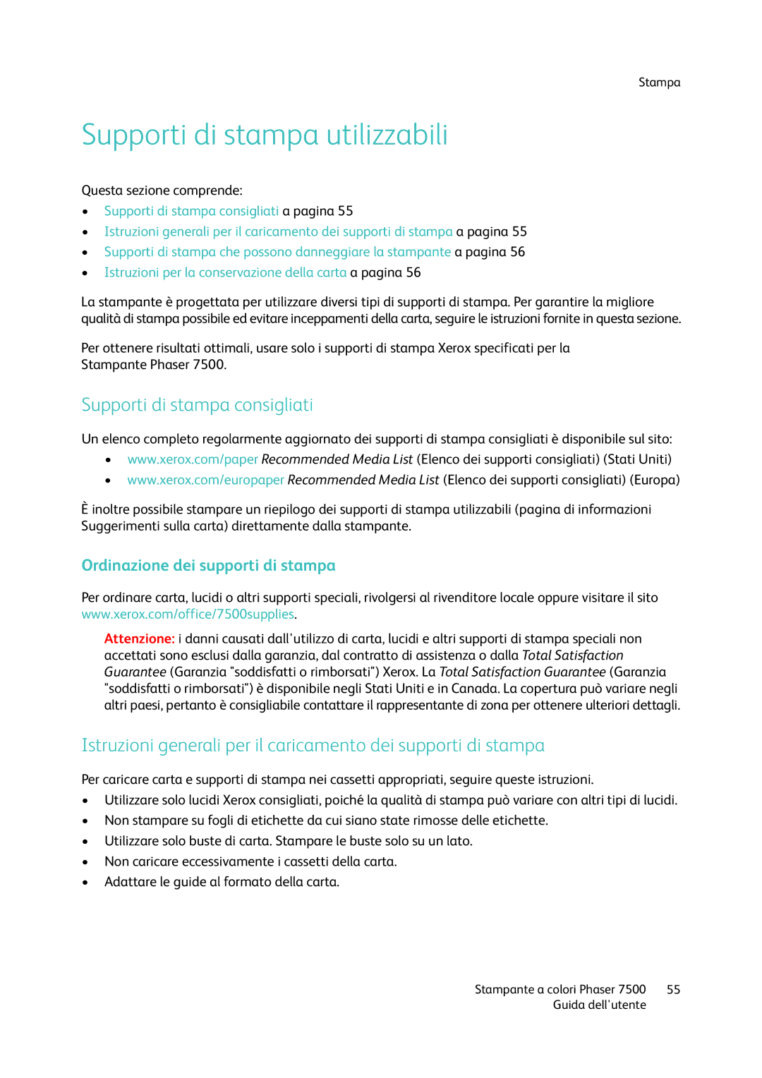 Xerox 7500 manual Supporti di stampa utilizzabili, Supporti di stampa consigliati, Ordinazione dei supporti di stampa 