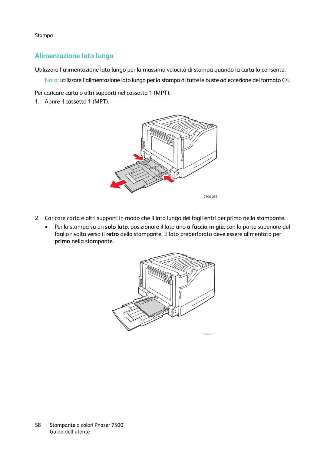 Xerox 7500 manual Alimentazione lato lungo 