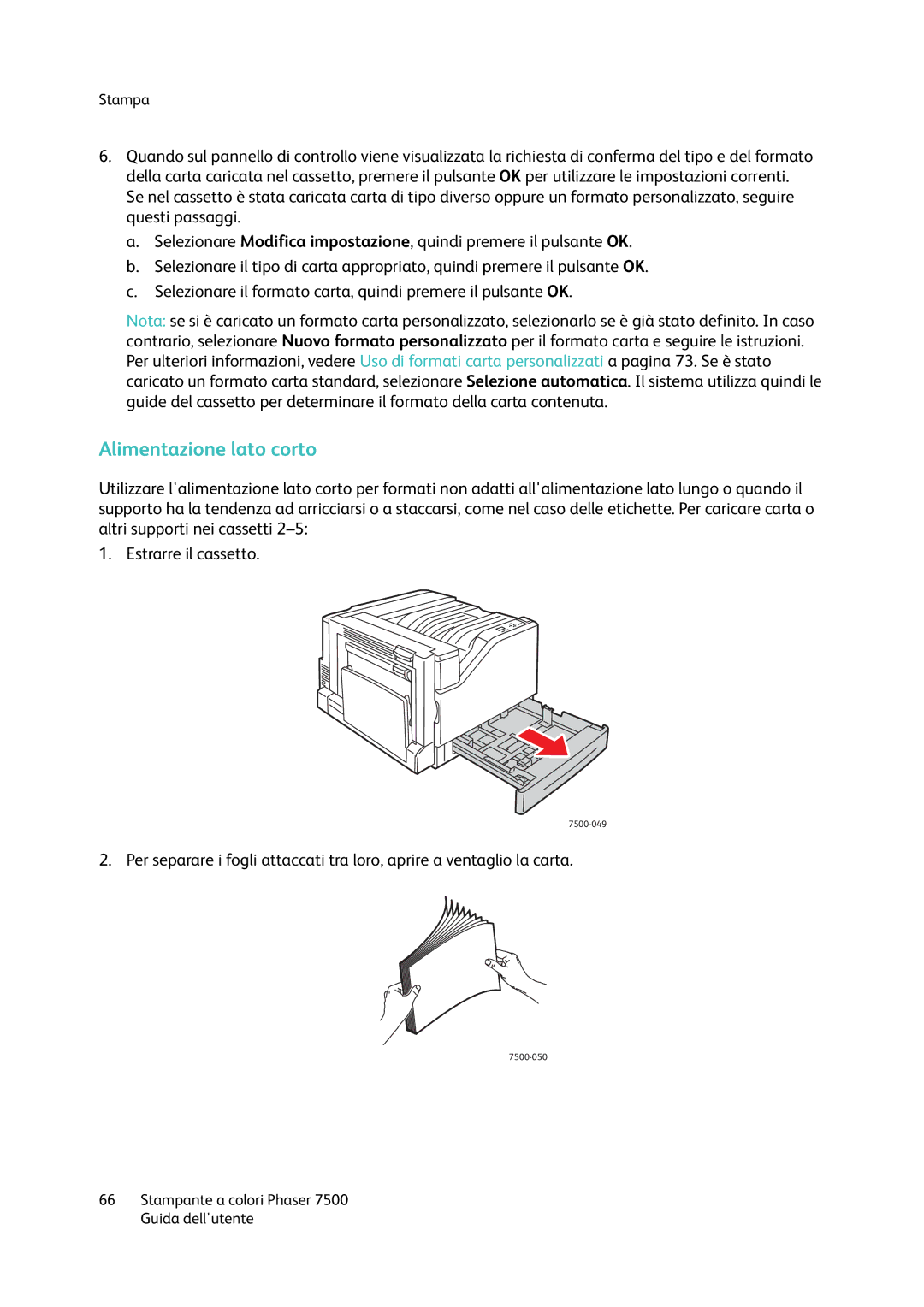 Xerox 7500 manual Alimentazione lato corto 