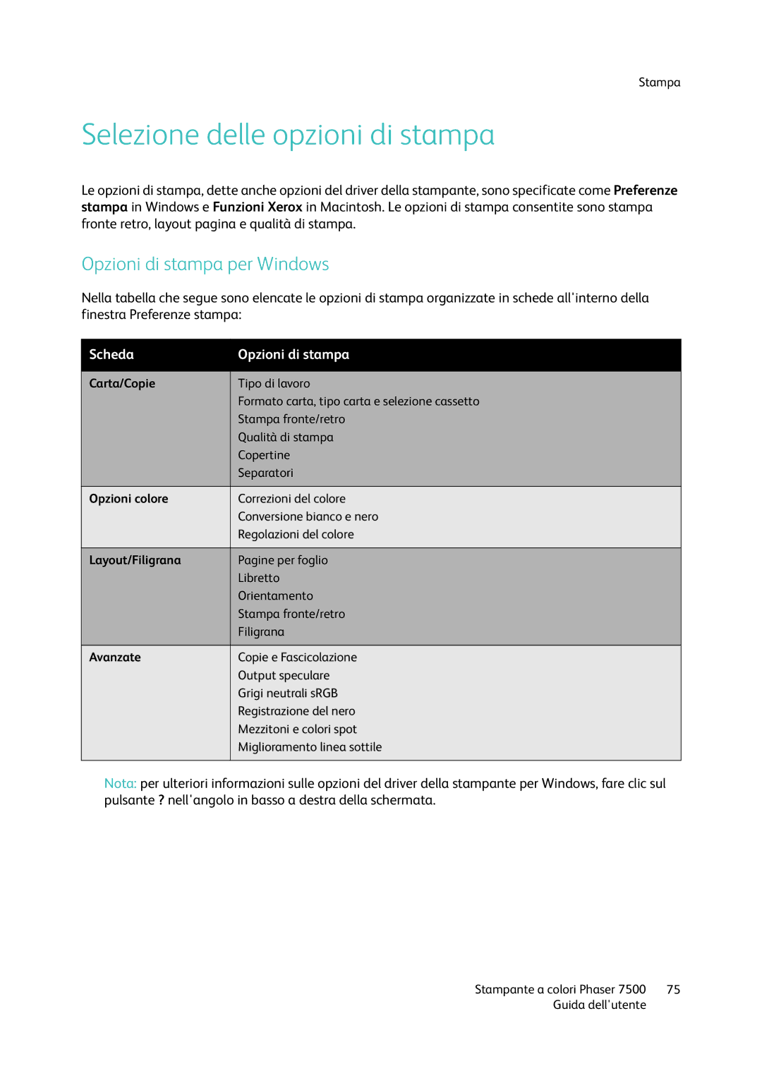 Xerox 7500 manual Selezione delle opzioni di stampa, Opzioni di stampa per Windows, Scheda Opzioni di stampa 